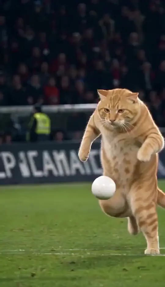 An orange cat wearing a football kit dribbling on a floodlit soccer pitch